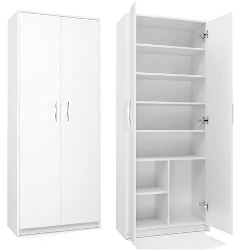 Armoire Multi-usages avec 2 Portes et 8 Compartiments - Bibliothèque - Armoire de Bureau - Armoire de ménage - 180 x 74 x 35 cm (Blanc)