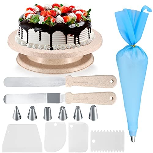 Outils de Plateau Tournant pour Gâteaux, Kits de Fournitures Support Assiettes de Décoration de Gâteaux, avec Grattoirs à Gâteaux, Spatules, Poches à Douille et Embouts de Tuyauterie