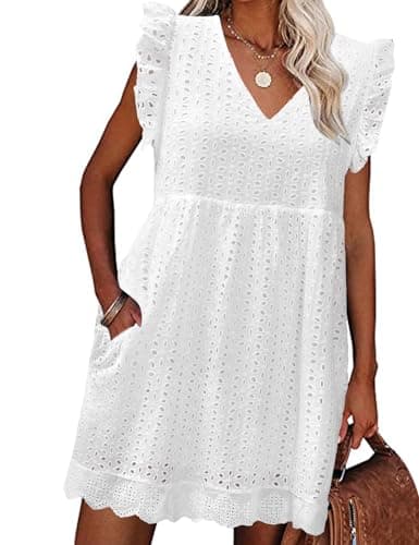PASUDA Robe Femme Ete Chic Robe Courte avec Poches Robe Boheme en Dentelle Jacquard Col en V Coton Ample Robe Swing D'été Robe de Plage Décontracté à Manches à Volants (Blanc, M)