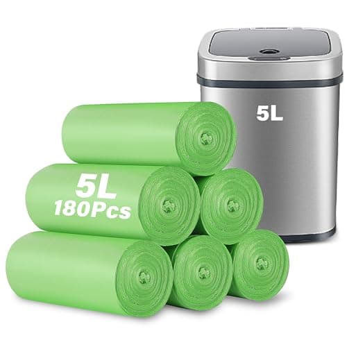 KOMABLEN 180 Sac Poubelle 5l, 6 Rouleaux Biodégradables Sac Amidon de Maïs, Résistant Sacs Poubelle Compostable, Vert Sacs Poubelle pour Salon, Aliments, Salle de Bain, Ménages (35x40cm)
