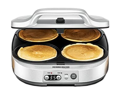 Rommelsbacher Pancake Maker PC 1800, 4 plaques de Cuisson de 13,5 cm de diamètre, revêtement antiadhésif, minuterie de 15 Minutes, arrêt Automatique, 1800 W, argenté