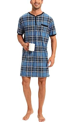 Chemise de Nuit Homme Pyjama Manches Courtes Hauts de Pyjama Homme Tee-Shirt Long Col V avec Boutons Vêtements d'Intérieur T-Shirt Grande Taille Douce Confortable Carreaux Bleu_2*Courte-A 3XL