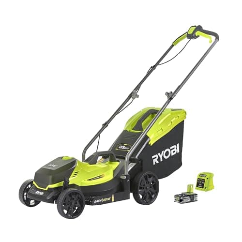 Ryobi RLM18C33B25 Tondeuse à gazon sans fil Largeur de coupe 33 cm, Hauteur de coupe réglable avec sac de collecte de 35 l, avec batterie + chargeur