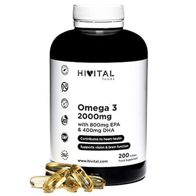 Oméga 3 2000 mg. 200 capsules pour 3 mois de traitement. Avec 800 mg d'EPA, 400 mg de DHA et la vitamine E. Le seul avec de l'huile de poisson espagnole. Fabriqué en Europe par HIVITAL
