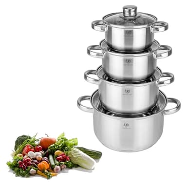 Lot de 4 casseroles à induction avec couvercle en verre, acier inoxydable mat, sans revêtement - Graduation - Induction, Cuisinière, Gaz, Cuisinière, Electrique