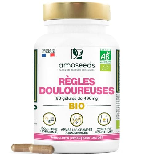 Règles Douloureuses BIO | Apaise les Douleurs Menstruelles | Avant et Pendant les règles | Framboisier, Gattilier, Achillée Millefeuille | 60 gélules de 490mg | Fabriqué en France | Qualité Supérieure