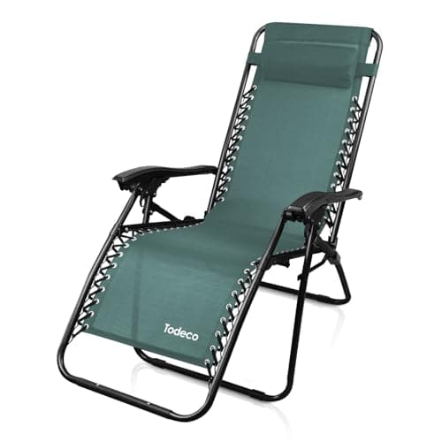 Todeco Chaise Longue Transat Jardin Plein Air, Transat de Plage Pliable, Bain de Soleil avec Repose-tête, d’accoudoirs Réglables, Chaise de Camping en Respirantes Textilène, Vert