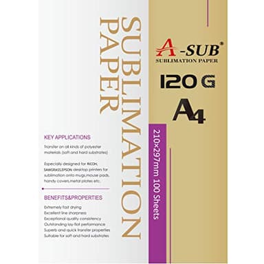 A-SUB Papier de sublimation A4, 210x297 mm, 100 feuilles, 120 g/m², Compatible avec les imprimantes à sublimation EPSON, SAWGRASS, RICOH, BROTHER