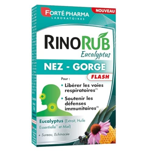 Forté Pharma - RinoRub comprimés Nez-Gorge| Complément alimentaire Gorge et Nez - Maux de gorge, Nez bouché | Huile essentielle d'Eucalyptus, Vitamine C, Plantain, Vitamine D | 15 comprimés