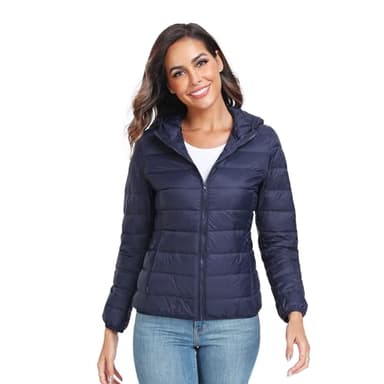 Teemie Doudoune Légère Femme Veste en Duvet Courte Manteau Blousons Matelassée à Capuche Demi-Saison Hiver Sport Randonnée Puffer Jacket Bleu S