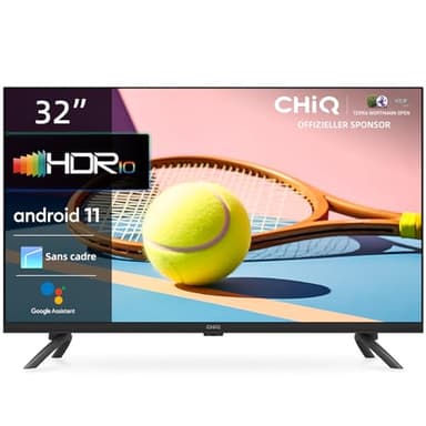 CHIQ TV L32G7L,32 Pouces, Téléviseur, Smart TV, Android 11 Bord Ultra Fin, HDR, DBX-TV, Netflix, Prime Video, Youtube, Wi-FI 2.4/5G, Bluetooth, Chromecast, Google Assistant