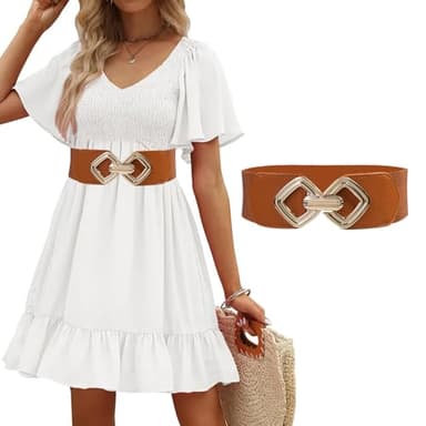 TOFBS Ceinture Femme Ceintures Large en PU Élastique avec Boucle Dorée Style Vintage Classique Sangle Taille Mode Élégantes Décorative pour Jupes (Marron clair)