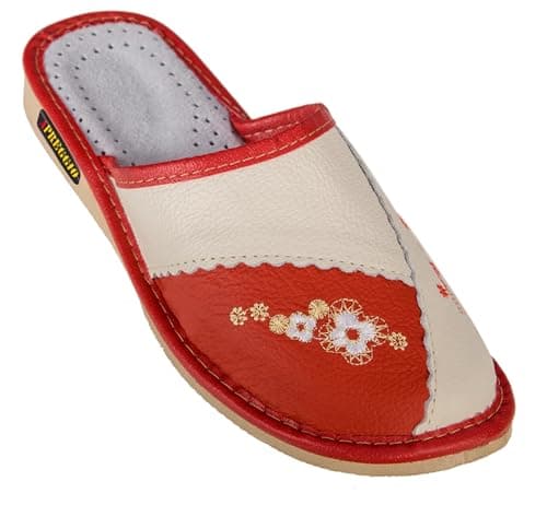 APREGGIO Chaussons Femme Cuir – Pratique Pantoufles Femme - Chaussons Cuir Adulte - Fabriqué à la Main Pantoufles Femme - Rouge 39 EU