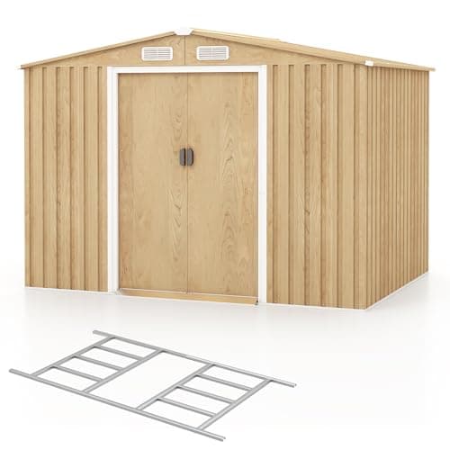 COSTWAY Abri de Jardin 5㎡ en Acier Galvanisé Anti-UV, 259 x 196 x 184 CM, Cabane de Jardin Exterieur 7m³ avec Fondation et Porte Coulissante, Rampe, 4 Trous d’Aération, 4 Gants Inclus