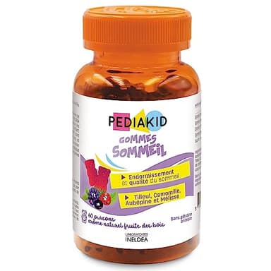 PEDIAKID - Gommes Sommeil - Complément alimentaire - Tilleul, Aubépine, Camomille & Mélisse - Facilite l'endormissement - Favorise un sommeil de meilleure qualité - Sans gélatine - 60 gommes