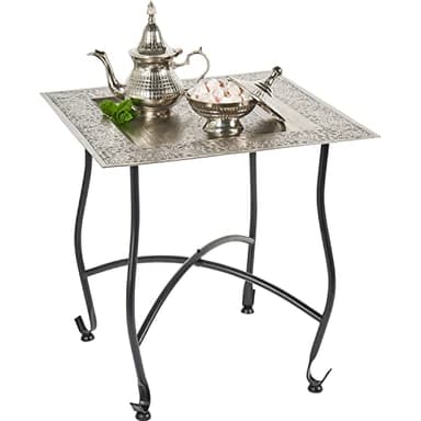 Table d'appoint marocaine en métal Sule de 42 cm - Rectangulaire - Petite table à thé ronde orientale avec structure pliable noire - Le plateau est oriental en argent