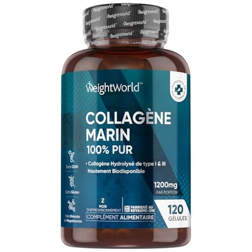 Collagène Marin Hydrolysé 100% Pure Type 1 et 3, 1200mg 120 Gélules, Peptides de Collagène Hydrolysé Alternative À La Poudre, Sans OGM, Sans Gluten et Sans Stéarate de Magnésium