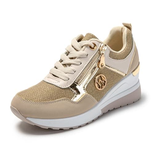 JOMIX Baskets Femmes Compensées Sneakers Casual Chaussures élégantes Confortable Respirant Marche Fitness Gymnastique (Beige, 39)