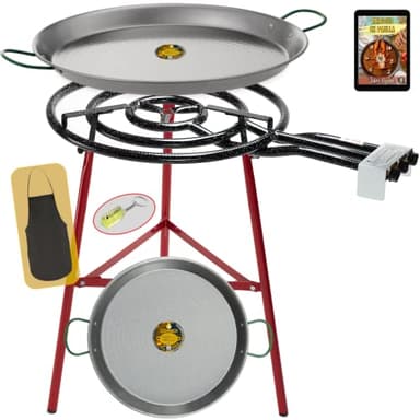 COMBOI - Kit réchaud gaz butane 60 cm, brûleur à paella, poêle à paella de 70 cm + poêle à paella 42 cm, support pieds renforcés, niveau, tablier, livre de recettes numérique