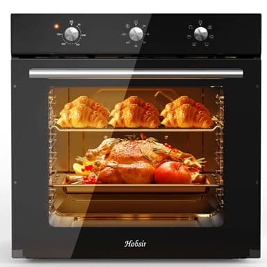 Hobsir Four électrique Encastrable 60cm, 60L de capacité, Cuisinière 6 fonctions, Max Température 250°C, 120-Min minuterie, Four professionnel, Commande Simple par Bouton Rotatif