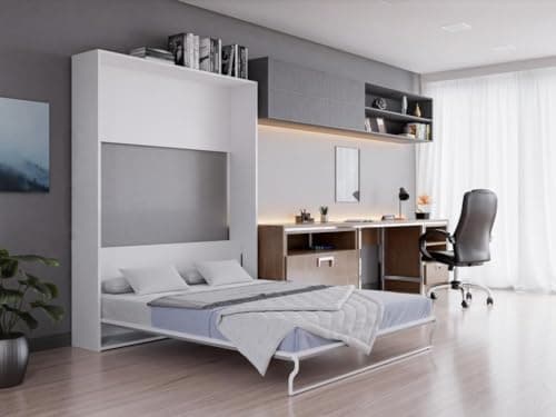 Vente-unique - Lit escamotable 160 x 200 cm - Ouverture Verticale Manuelle - Blanc et Gris - Malina II