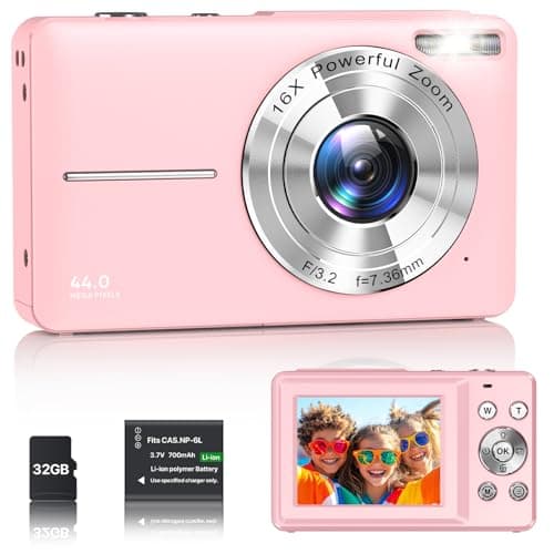 Appareil Photo Numérique 1080P Appareil Photo 44 MP Appareil Photo Compact Portable avec Écran LCD 2,4", Zoom Numérique 16X, Carte Mémoire Micro 32 G, 1 Batterie pour Adolescents, Étudiants-Rose