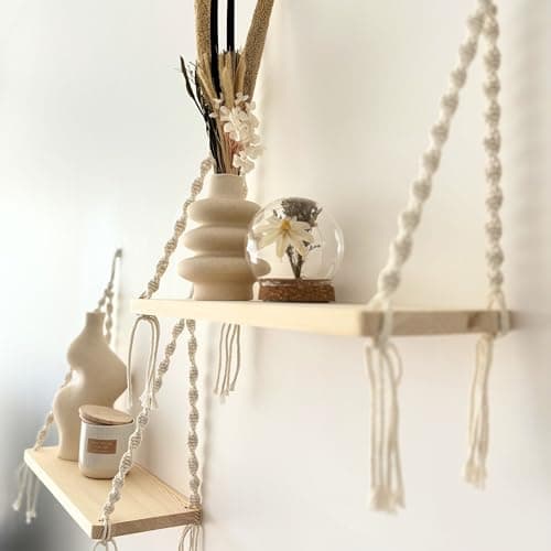 Mekase 2 pcs Étagère Murale Bois sans perçage Suspendue pour décoration Maison, déco Salon cocooning, macramé Mural bohème, déco Boheme Chic pour Salle de Bain, WC, déco Appartement et Plante Verte