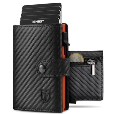TENBST Portefeuille Homme en Fibre de Carbone | Porte Carte Bancaire Homme avec Blocage RFID | Portefeuilles avec Compartiment à Billets & Monnaie | Porte-Cartes de Crédit Bancaire Anti (Noir- Orange)