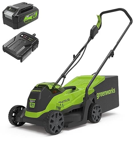 Greenworks 24V 33cm Brushless Tondeuse à Gazon sans Fil, Hauteur de Coupe 25-70mm, 2 Fonctions, avec Sac 30L (avec 4Ah Batterie et Chargeur)