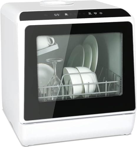 YU YUSING Mini Lave-vaisselle Compact 45cm 4 Couverts, 5+1 Programmes, Sans ou Avec Arrivée d'Eau, Petit Lave Vaisselle Pose Libre, Portable, Réservoir 5L, Commande Tactile, Écran LED, Blanc et Noir