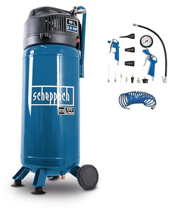 Scheppach Compresseur Vertical HC51V avec 13 accessoires et 8m de tuyau | 10 bar | Cuve de 50L | Sans huile | 1500W - 2CV | Puissance d'aspiration 220 l/min | Double raccord | Réducteur de pression
