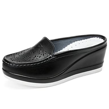 Solshine Pantoufles en cuir pour femme avec talon compensé motif fleurs - - Noir 3, 38 EU
