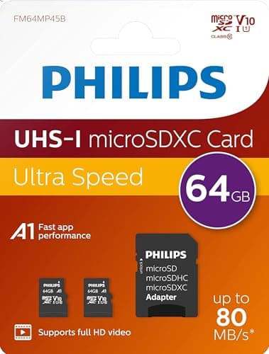 Philips Ultra Speed Carte microSDXC Card 2x 64 Go + adaptateur SD UHS-I U1, vitesse de lecture jusqu'à 80 Mo/s, A1 Fast App Performance, V10, carte mémoire pour smartphones, tablette, PC,vidéo Full HD