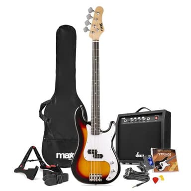 Max Gigkit Basse Electrique, Kit Complet Ampli 40 Watts, Housse, Stand, Cordes de Rechange, Accordeur, Sangle, Câble Jack et Médiators, Idéal pour Musicien Débutant ou intermédiaire - Sunburst