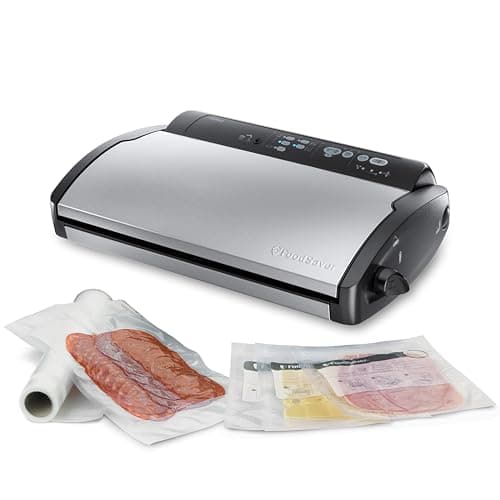 FoodSaver Machine Sous Vide, avec compartiment de rangement pour rouleau et cutter et 3 vitesses d'aspiration, inclut sacs de mise sous vide assortis, Argent avec des touches noires [V2860-I]