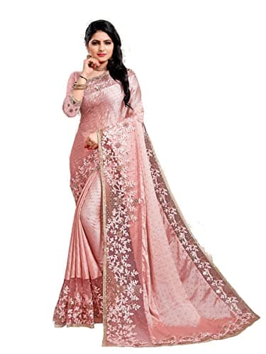 CRAFTSTRIBE Rangoli Sari en soie rose Rangoli avec code doré et chemisier non cousu, Pêche poussiéreuse, taille unique