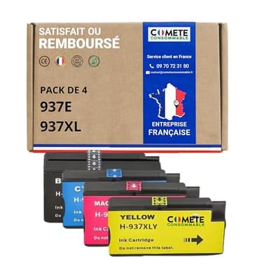 COMETE, Marque française - 937XL 937e - 4 Cartouches d'encre Compatibles avec HP 937 XL - pour HP OfficeJet Pro 9110b 9117b 9120b 9120e 9122e 9125e 9130b 9132b 9132e 9730e (1 Noir et 3 Couleur)