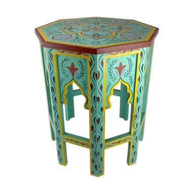 ARTIGIANATO VULCANO Table basse octogonale Marocaine, 42 x 42 x 52 cm, peinte à la main, motifs floraux, vert eau et or