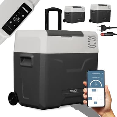 AREBOS Glacière à compresseur avec roulettes 47 litres | Glacière électrique avec Commande APP pour Refroidir, congeler et Maintenir au Chaud | Réfrigérateur jusqu'à -20 °C | Glacière pour Voiture