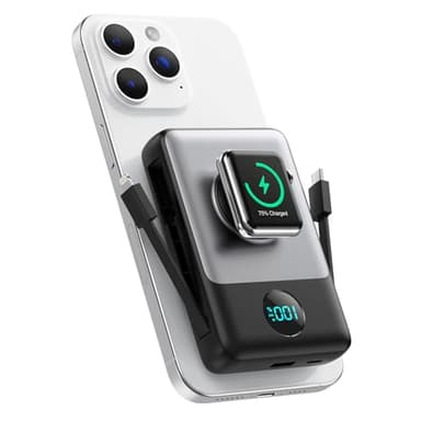 Magnétique Batterie Externe avec Cable Intégré, 10800mAh sans Fil Powerbank PD 25W Charge Rapide Chargeur Externe Portable avec Affichage LED Compatible avec MagSafe/Apple Watch/iPhone 16/15/14/13/12