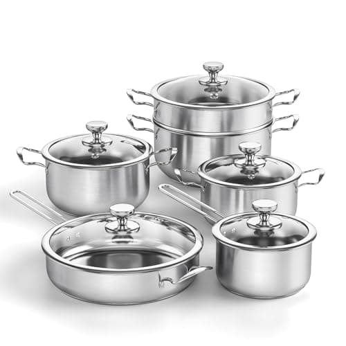 Batterie de cuisine 11 pièces en Acier Inoxydable - Casseroles, poêles et faitouts - poignées en métal froid - Tous feux dont induction & lavable au lave-vaisselle pour une cuisine saine