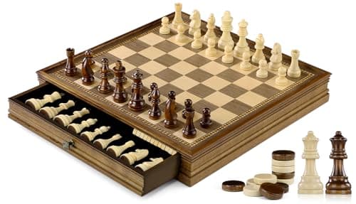Peradix Jeu d'échecs en Bois Échecs Dames avec Tiroir,2 en 1 Echiquier Magnétique de Voyage 32 cm,Jeux Echec de Dames Fait Main pour Enfants Adultes Fête