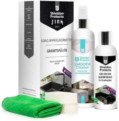 Shieldon Protects Kit de Nettoyage (250 ml) et Imprégnation (200 ml) pour Éviers en Granit avec Éponges et Chiffon Microfibre - Protection Hydrofuge pour Éviers Blanco Silgranit