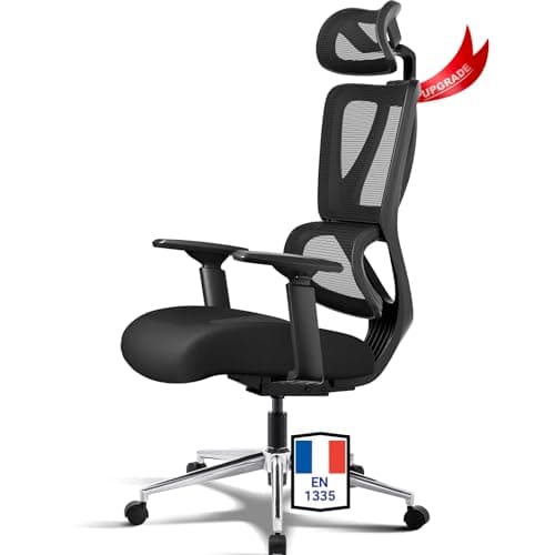 MELOKEA Chaise Ergonomique, Chaise Bureau 150KG, Coussin à Ressorts Hautement Élastique, Fauteuil Bureau Confortable avec Soutien Lombaire Dynamique, Accoudoirs et Appui-tête Réglables,en 1335