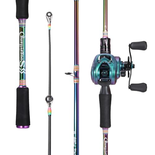 Sougayilang Baitcasting Combo de pêche 2 sections colorées Poratble Poids léger Canne à pêche avec moulinet super lisse pour eau douce et salée 2.1Q-R