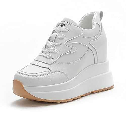 MIEHUIAI Baskets à Talon Compensées Femmes Plateforme Chaussures de Sport Mode Cuir Baskets Casual Lacets Sneakers à L'intérieur Hausse Talon de 10 cm(Blanc,Taille 37)