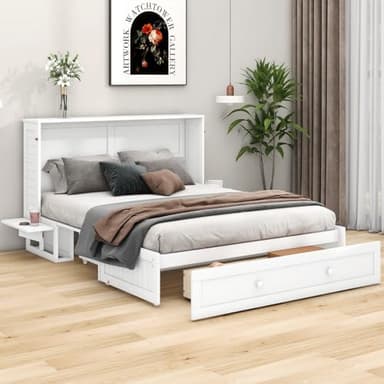 KOMHTOM Lit Escamotable en Bois avec Tiroir de Rangement, Lit Plateforme Transformable, Cadre de lit, Sommier à Lattes(sans Matelas) (140 x 200cm)