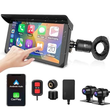 VSYSTO Écran Carplay Android Auto sans Fil pour Moto, Portable écran Tactile étanche de 5 Pouces, Dashcam Moto Avant et arrière 1080P avec Bluetooth, GPS Navigation, TPMS, Capteur G