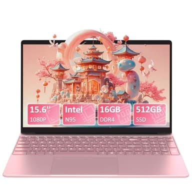 Auusda Ordinateur Portable 15.6 Pouces, Lecteur d'empreintes digitales, PC Portable Gamer, 16 Go DDR4 SSD 512 Go, Celeron N95 (jusqu'à 3,40 GHz),Clavier rétroéclairé, HDMI,Ordinateur Portable Rose