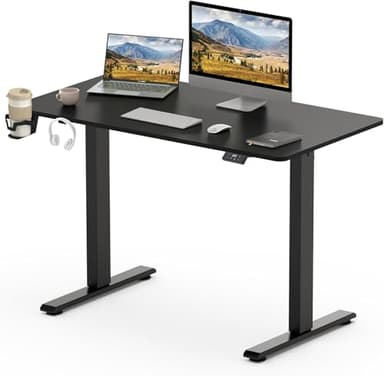 SANODESK Bureau Assis Debout Électrique 110 x 60 cm avec Plateau Complet, Bureau Debout Réglable en Hauteur avec Crochet/Porte-Bouteille Fonction Mémoire, Fonction de Rappel de Sédentarité, Noir